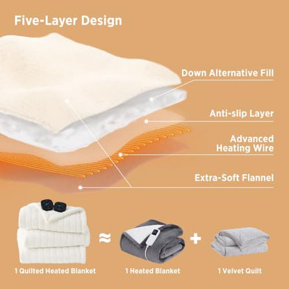 Bedsure Queen Size Quilted Electric Heated Blanket Blue with Dual Controllers - Bering Sea Diamond Style