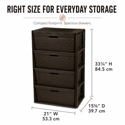 Wide Brown 4-Drawer Plastic Storage Tower with Cross-Weave Pattern - Clutter Organizer