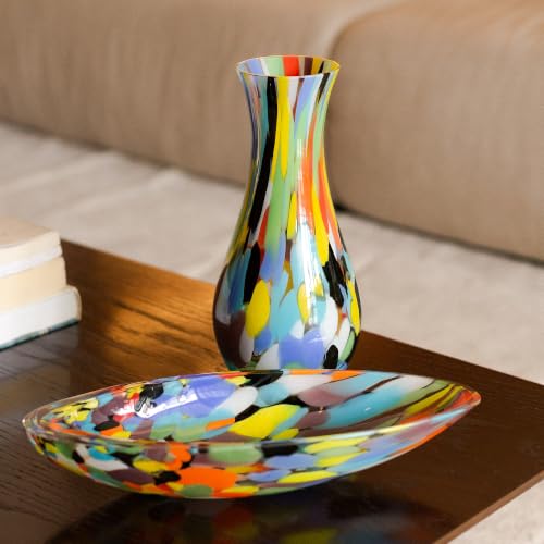 Murano Style Hand Blown Art Glass Vase Multicolor Confetti Effect - Home Decor