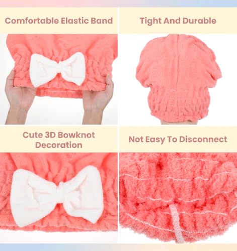 2 Pack Coral Velvet Hair Drying Caps with Bow Knot - Soft & Adjustable
