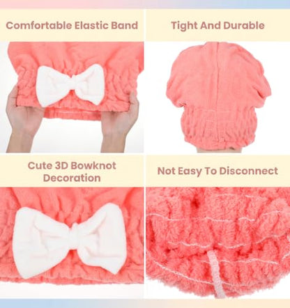 2 Pack Coral Velvet Hair Drying Caps with Bow Knot - Soft & Adjustable