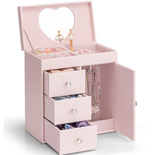 VLANDO 4 Layer Musical Jewelry Box for Girls with Pink Finish, 3 Drawers & Necklace Hook