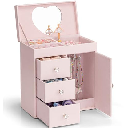 VLANDO 4 Layer Musical Jewelry Box for Girls with Pink Finish, 3 Drawers & Necklace Hook