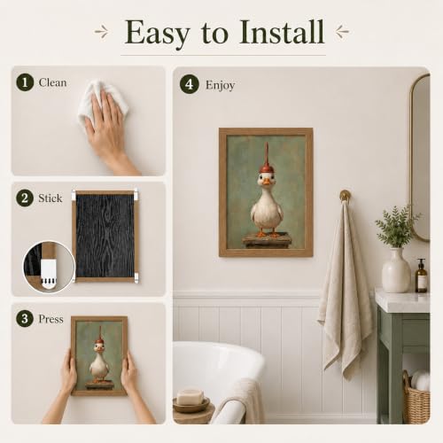 Framed Funny Bathroom Duck Wall Art - 8x10 Inch Canvas Decor - Duck with Toilet Plunger