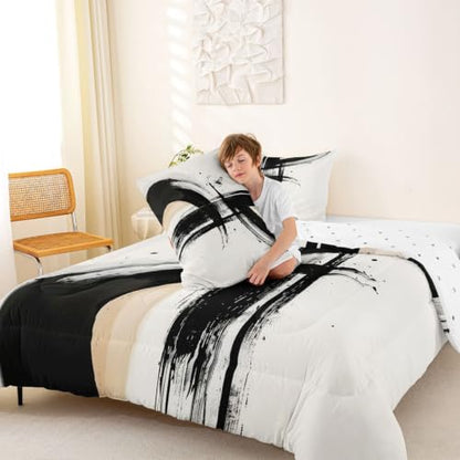 Graffiti Comforter Set All Season Brushstroke Art with 2 Pillowcases Kids King Size - Swan & Panther Variation