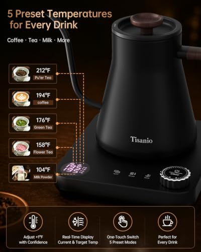 Gooseneck Electric Kettle with Temperature Control 0.9L Black Wood - Precise Heating