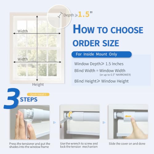 No Drill Cellular Blackout Shades 27 x 48 Inches - White, Cordless, Insulated