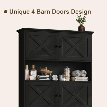 Over Toilet Storage Cabinet with Doors & Paper Holder, Black - Space Saving Bathroom Organizer