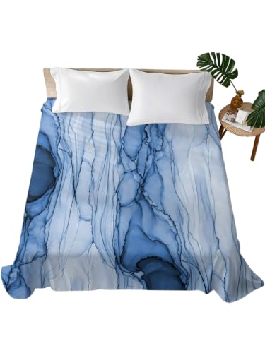 Twin Flat Sheet Blue Marble Veins - Microfiber Bed Bedding for All Seasons - LooPoP