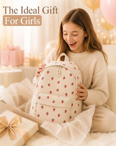 Girls Corduroy Strawberry Backpack for School & Travel - Beige