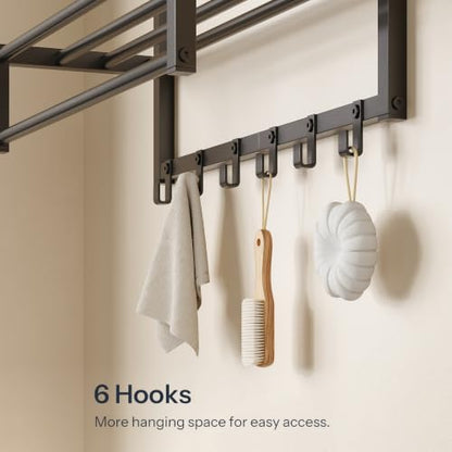 Wall-Mounted Towel Rack with 3 Tiers and 6 Hooks for Bathroom Organization