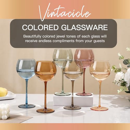 Multicolour Balloon Colored Wine Glasses Set of 6 - 15oz Hand Blown Crystal Stemware for Weddings & Parties