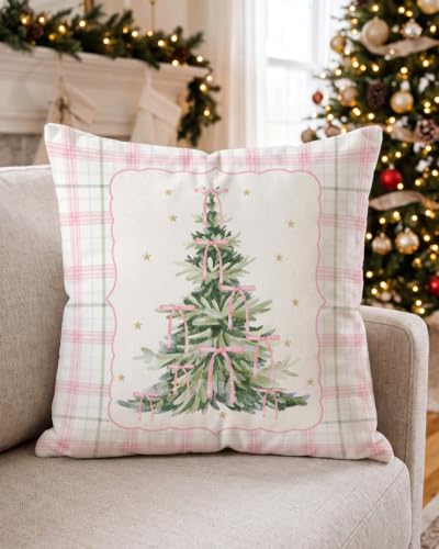 Pink Ribbon Christmas Tree Pillow Cover 18x18 - Holiday Decor with Plaid Border