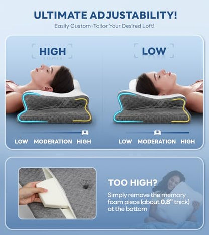 No More Aches Neck Pillow - Cloud Grey, Adjustable Cervical Memory Foam Support