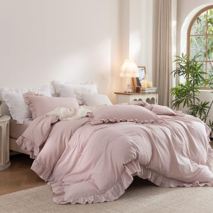 Ruffle Duvet Cover Set Queen 100% Washed Cotton Linen Feel Grayish Pink