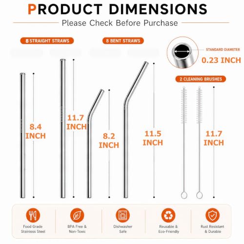 Reusable Metal Drinking Straws Set for 20 & 30 oz Tumblers with Cleaning Brushes