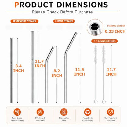 Reusable Metal Drinking Straws Set for 20 & 30 oz Tumblers with Cleaning Brushes