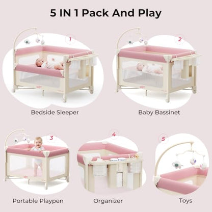 Pamo Babe 5-in-1 Portable Bedside Crib Playard with Mattress - Pink