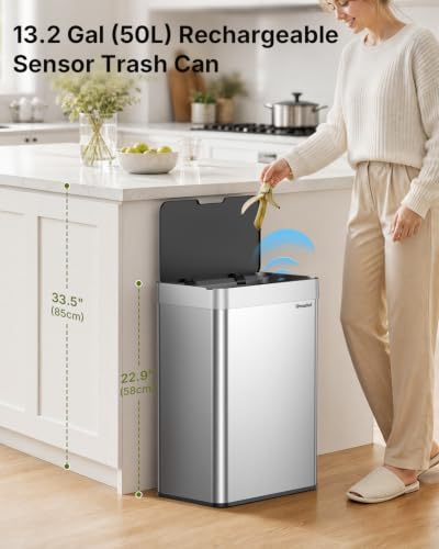 Touchless 13.2 Gallon Silver Kitchen Trash Can - Rechargeable Sensor Waste Bin