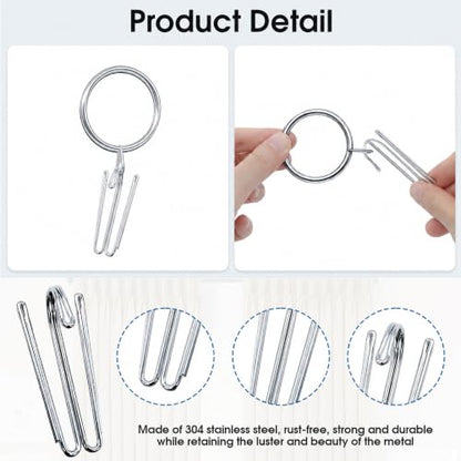 Silver Curtain Rings with 4 Prong Pinch Pleat Hooks - 38mm ID, 30 Sets - Silver & Silver