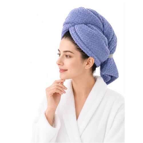 Blue Microfiber Hair Towel Wrap 29.5x11 Inches - Large Quick-Dry Hair Wrap