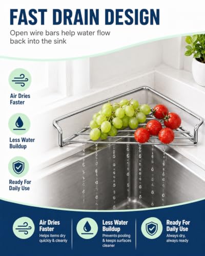 Stainless Steel Corner Sink Shelf 1pc Triangular Open Wire Dish Drying Rack
