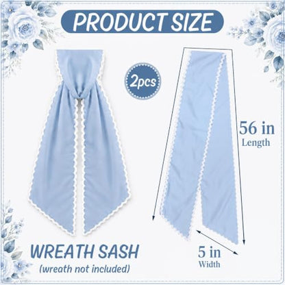 2-Piece Dusty Blue Wreath Sash with Scalloped Trim for Front Door Decor