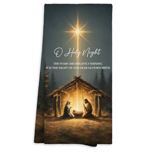 Christmas Nativity Scene Kitchen Towel - O Holy Night Decor, 16x24 Inches - Variation Nativity-02