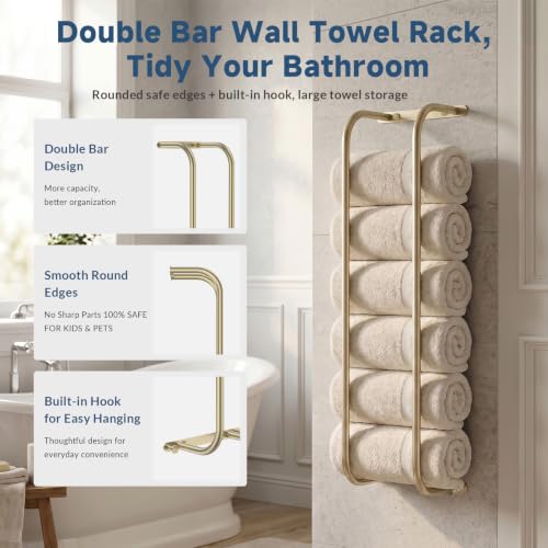 Wall Mounted Towel Rack with Hooks - Brushed Gold Finish for Bathroom