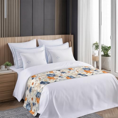 Navy Blue Fall Bed Runner Scarf King Size 94x20 Inch for Bedroom Decor - Navy Blue Beige
