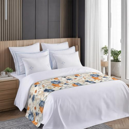 Navy Blue Fall Bed Runner Scarf King Size 94x20 Inch for Bedroom Decor - Navy Blue Beige