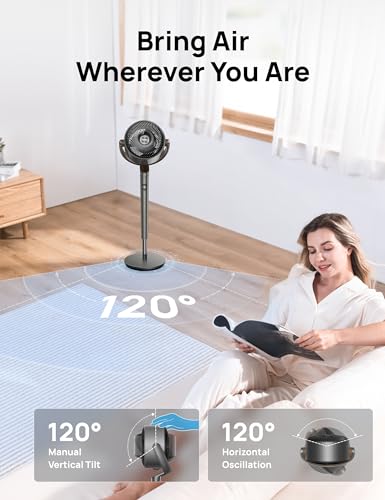DREO Fan for Bedroom, 120° Oscillating Standing Fan, Quiet Floor Fan with DC Motor, Pedestal Fan for Room, 9 Speeds, 4 modes, 20dB, 120° Manual Vertical, 37-42" Adjustable Height, 9H Timer, Dark Gray