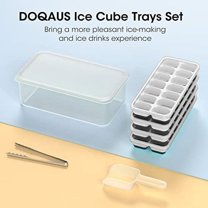 DOQAUS Ice Cube Tray with Lid and Bin, 4 Pack Silicone Plastic Ice Cube Trays for Freezer with Ice Box, Ice Trays with Ice Container, Stackable Ice Tray with Storage Ice Bucket,Ice Tong,Ice Scoop