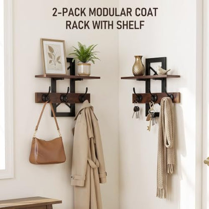 Brown Wall Mounted Coat Rack with Shelf and Dual Hooks - Rustic Entryway Organizer