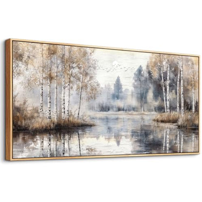 Large Wall Art Canvas Print - Misty Birch Forest Landscape 20x40 White Frame