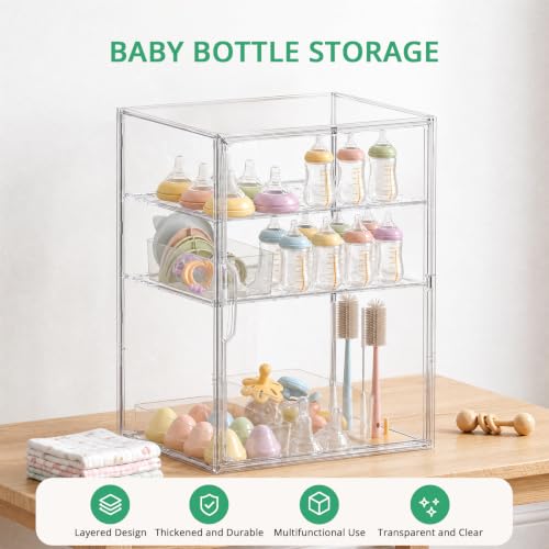 X-Large Baby Bottle Storage Organizer 3 Tiers Adjustable with Magnetic Door