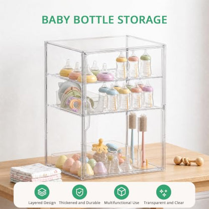 X-Large Baby Bottle Storage Organizer 3 Tiers Adjustable with Magnetic Door