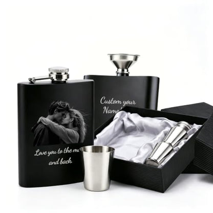 Personalized 8 oz Flask with Custom Photo Engraving - Double-Sided Stainless Steel, Leak-Proof Cap, Portable Gift