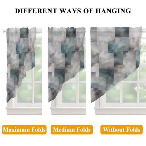 Slate Gray Geometric Swag Curtains 36 Inch Length 2 Panels Set - Semi-Sheer Window Drapes for Kitchen Living Room Bedroom