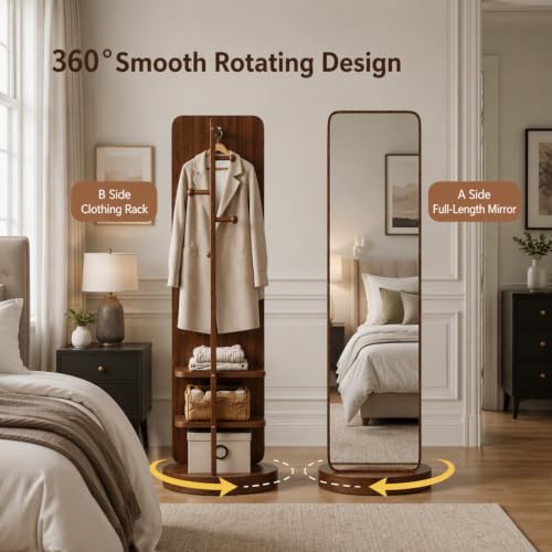 Walnut 360 Rotating Floor Mirror with Coat Rack - 2 Pieces