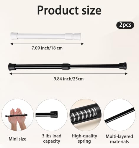 Mini Tension Rod 7-10 Inch for Window, Closet & Home Decor - Black & White