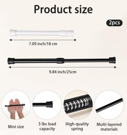 Mini Tension Rod 7-10 Inch for Window, Closet & Home Decor - Black & White