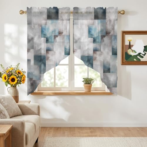 Slate Gray Geometric Swag Curtains 36 Inch Length 2 Panels Set - Semi-Sheer Window Drapes for Kitchen Living Room Bedroom