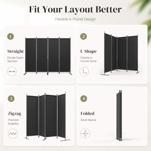 Black 4-Panel Room Divider, 6FT Tall Folding Privacy Screen, Freestanding
