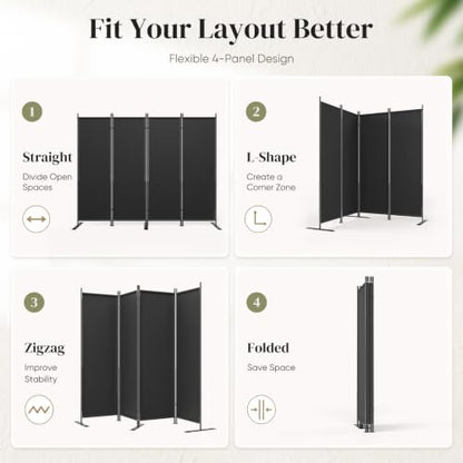Black 4-Panel Room Divider, 6FT Tall Folding Privacy Screen, Freestanding