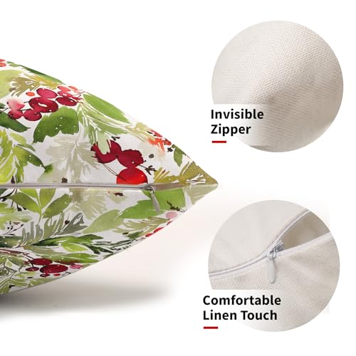 J-Green Christmas Watercolor Holly Lumbar Pillow Covers Set of 2 12x20 Inches Seasonal Decor