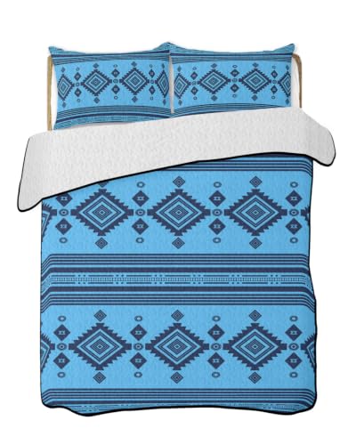 Twin Size Quilt Bedding Set - Blue Azure Boho Southwestern Vintage Zigzag