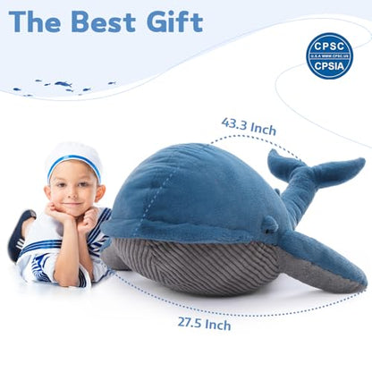 43-Inch Giant Blue Whale Plush Pillow - Soft Stuffed Animal Toy for Kids & Decor