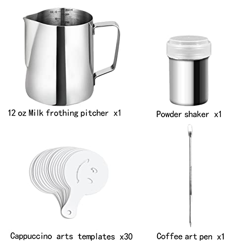 Artcome 12oz/350ml Stainless Steel Milk Frothing Pitcher with Measurement Inside - Cappuccino Pitcher Pouring Jug Espresso Cup - Perfect for Espresso Machines, Milk Frothers, Latte Art (33 PCS)