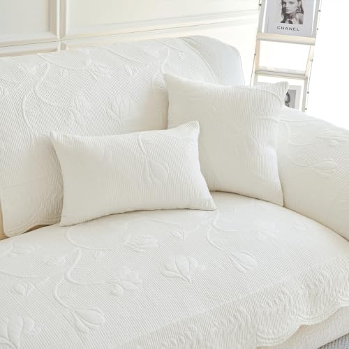Cotton Quilted Sofa Cover for Sectional Couch - Cream, 43.3 x 94.5 Inches - Non-Slip Design